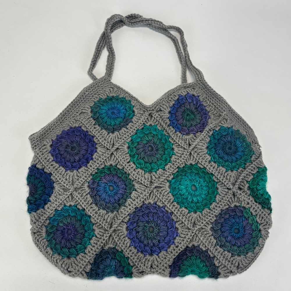 Handmade Crochet Beanie Handbag Tote Blue‎ Green Granny Circle Pom-Pom Knit NEW